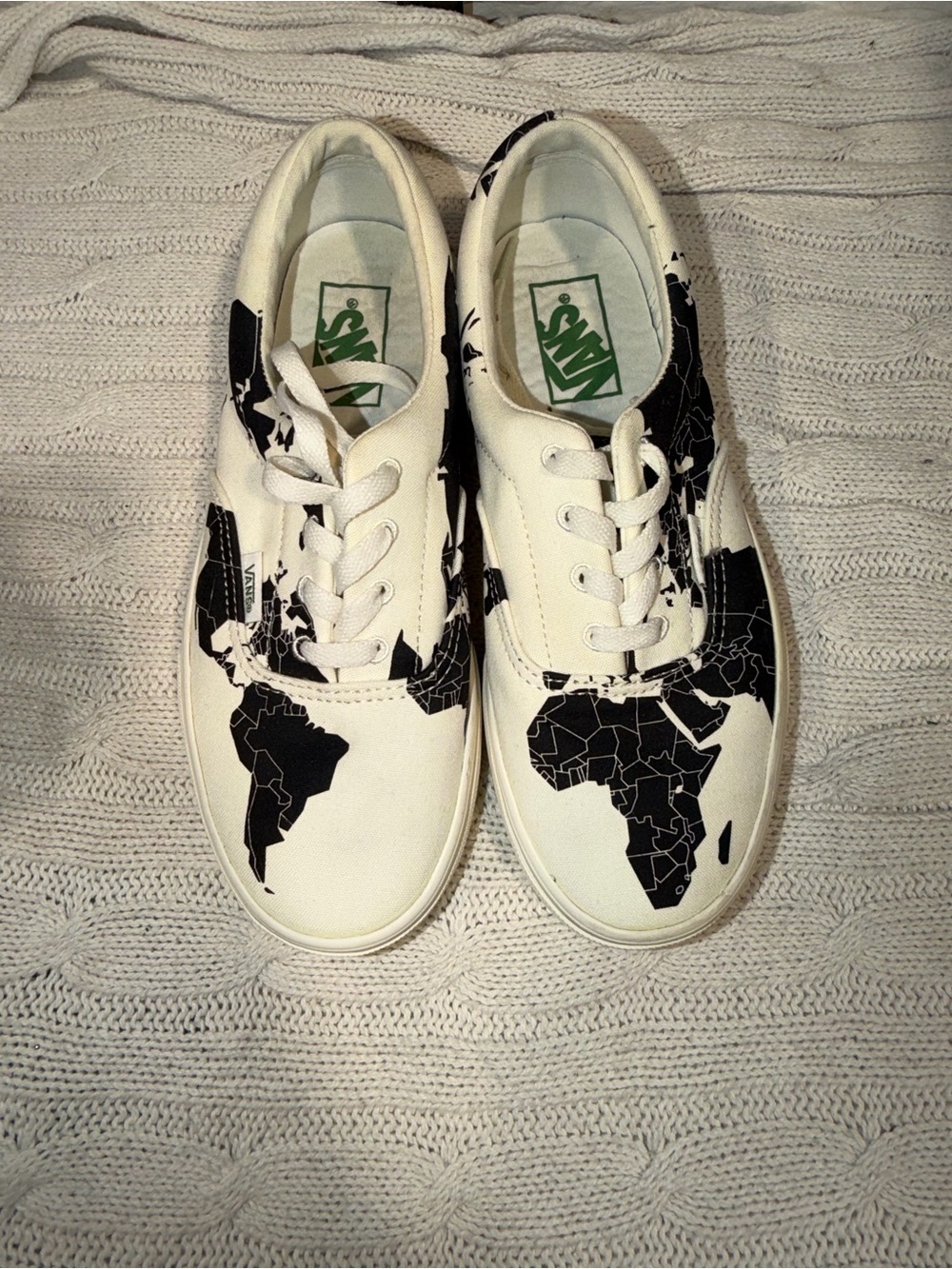 Vans White Canvas Sneakers with Black World Map Print